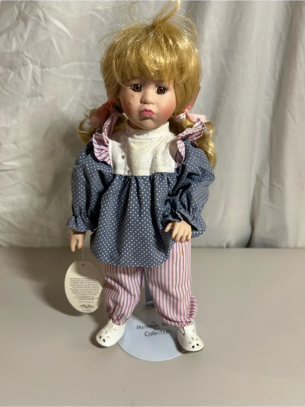 Blonde Porcelain Doll in Blue Polka Dot Top & Pink Striped Pants